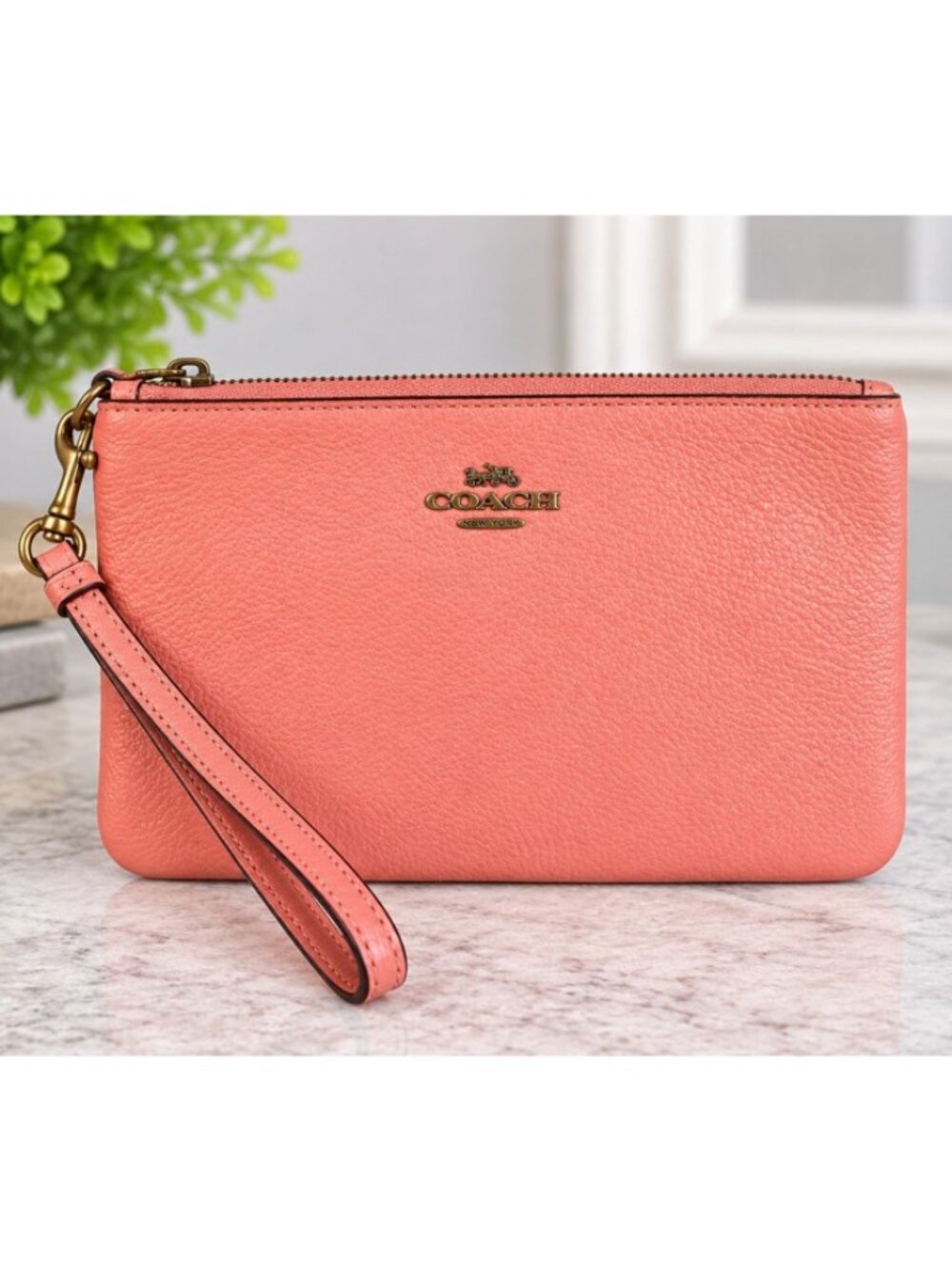 Coach Coral Pink Pebbled Leather Wristlet Antique Gold Bronze Hardware